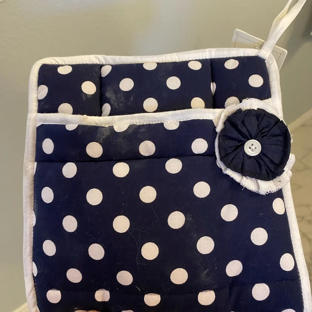 Sur La Table Apron Dotty Bow Blue White Full Apron with Pockets & Pot Holder